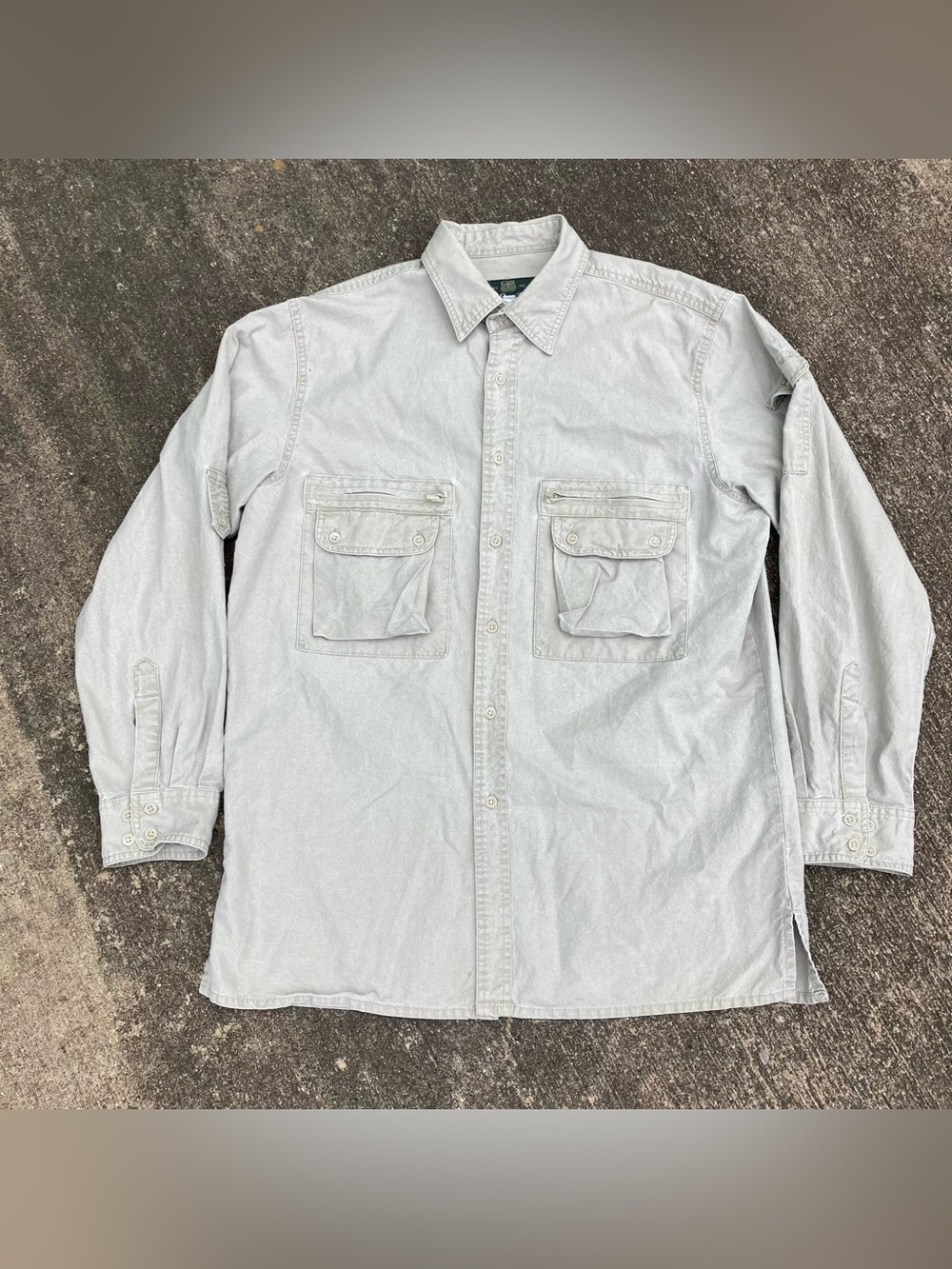 Vintage Orvis Shirt Mens Large Beige Cotton Field Safari Fishing Utility Epaulet